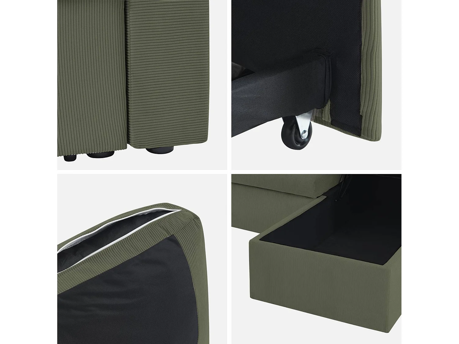 Canapé d'angle convertible en velours côtelé kaki foncé- IDA - 3 places. fauteuil d'angle réversible coffre rangement lit modulable