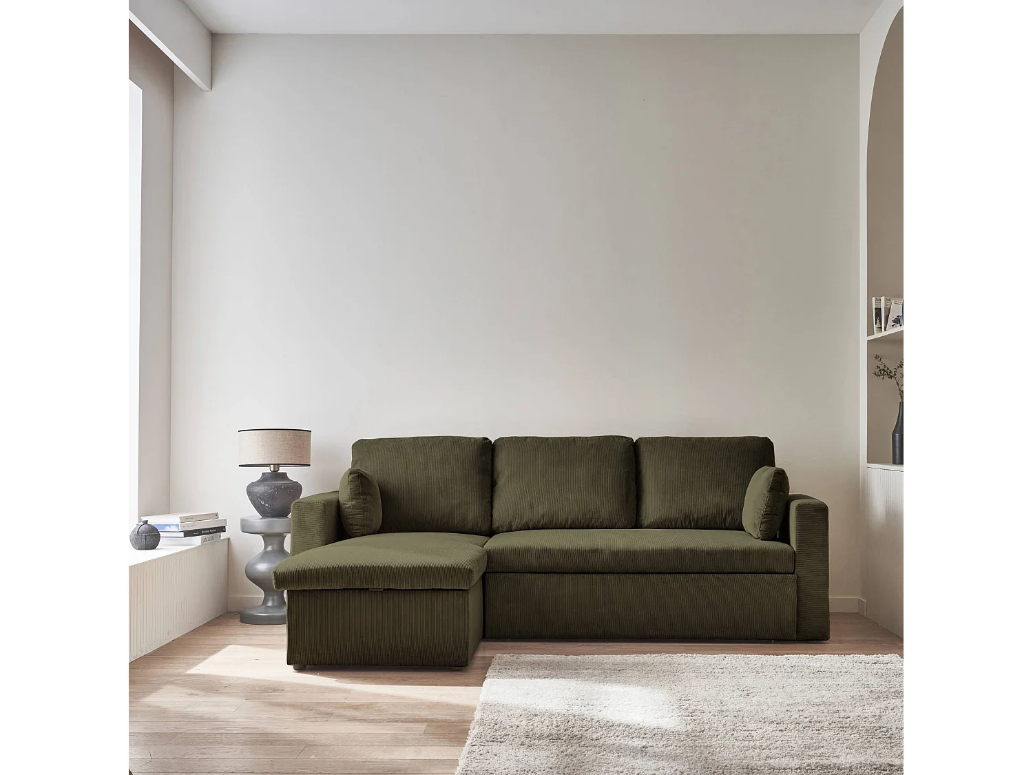 Divano letto angolare reversibile in velluto a coste, 3 posti, kaki