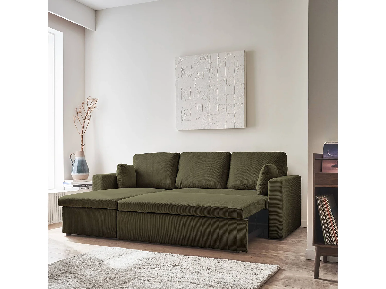 Divano letto angolare reversibile in velluto a coste, 3 posti, kaki