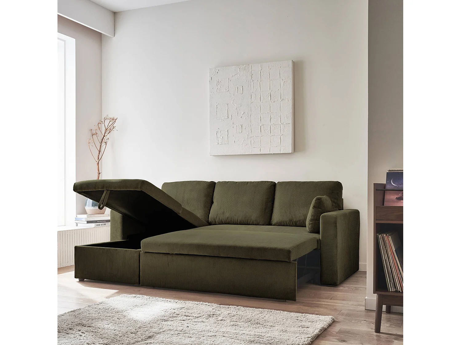 Divano letto angolare reversibile in velluto a coste, 3 posti, kaki