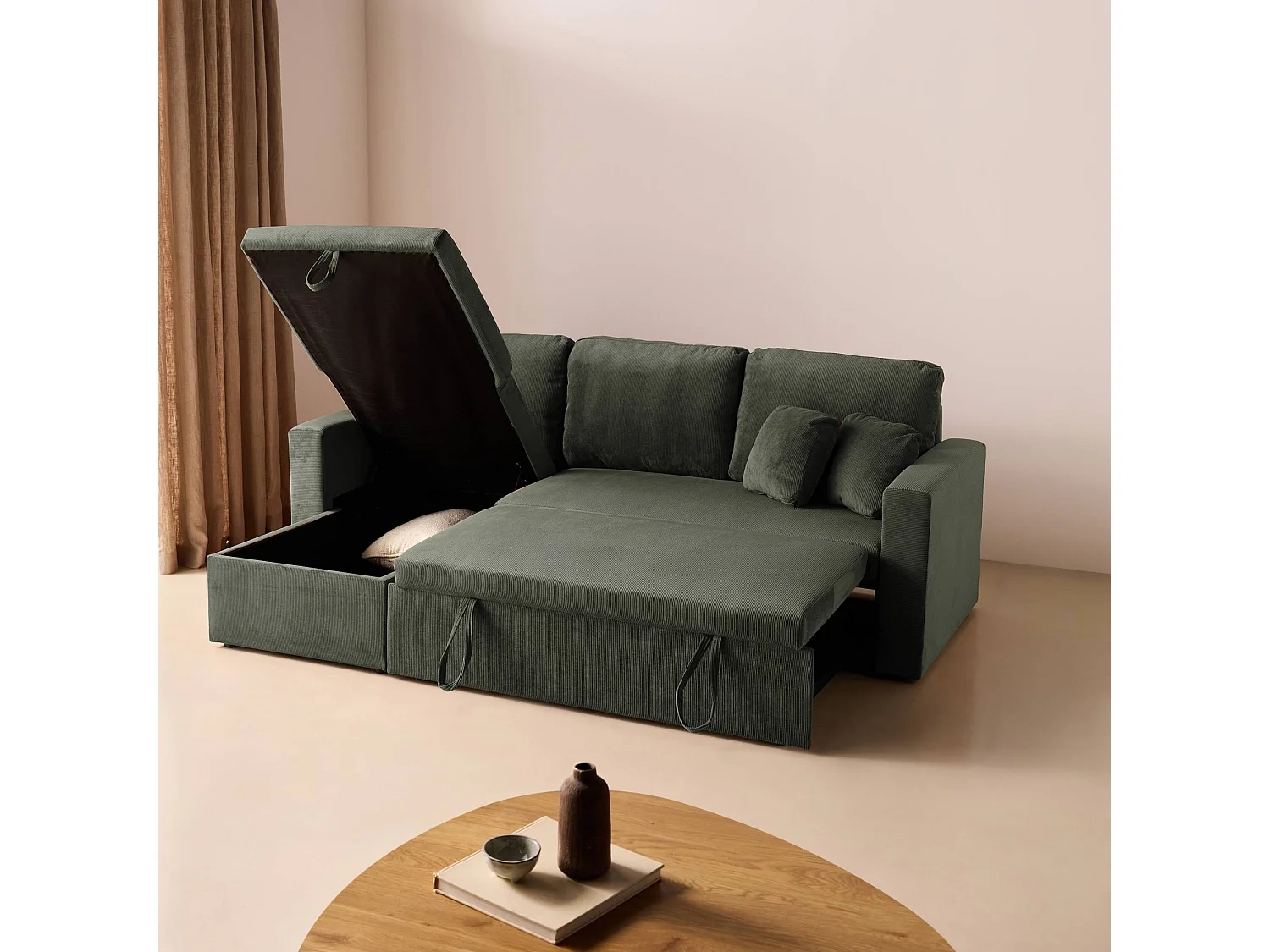 Sofá cama esquinero reversible con espacio de almacenamiento, 3 plazas