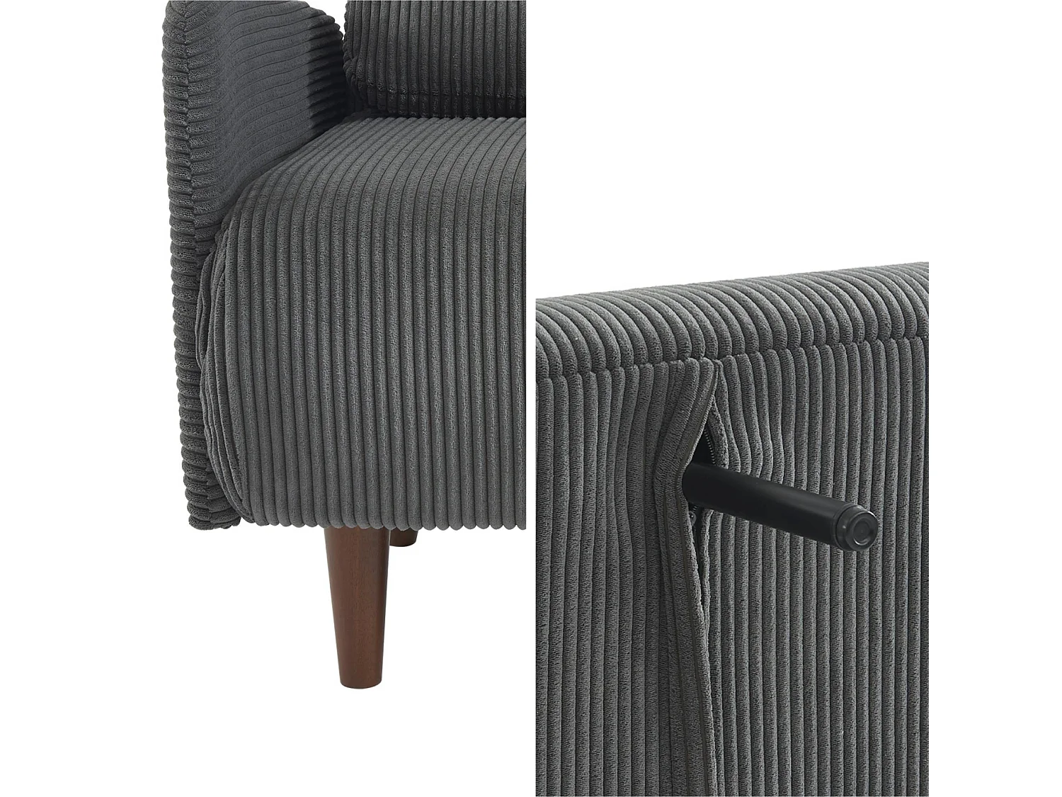 Sofá cama de pana de 2 plazas con patas de madera gris oscuro