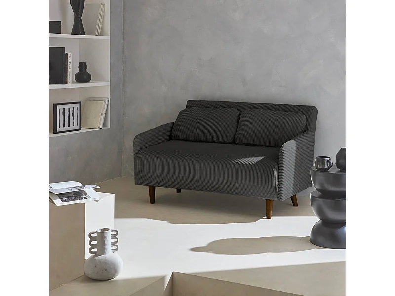 Canapé convertible en velours côtelé - Panam - 2 places scandinave. pieds bois foncé. gris foncé. banquette. dossier inclinable