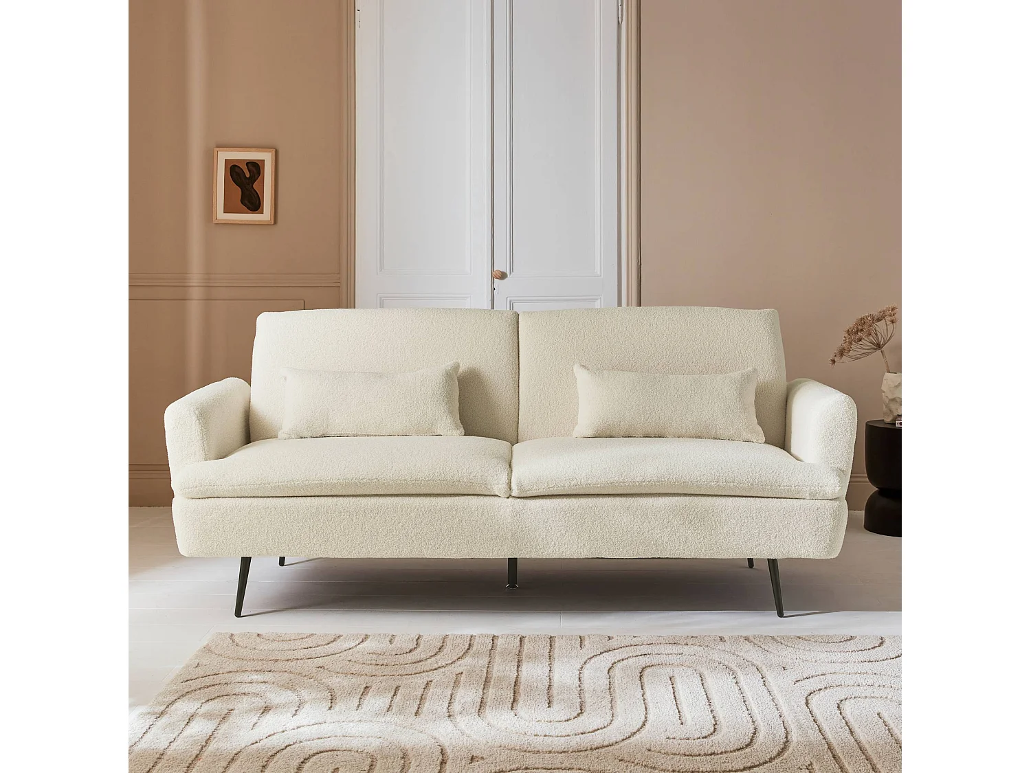 Canapé convertible. John. 2-3 places pieds métal et tissu bouclette crème L 210 x P111 x H48cm