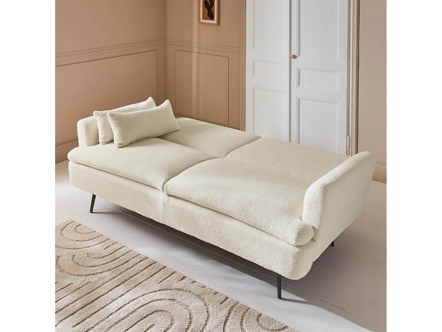 Canapé convertible. John. 2-3 places pieds métal et tissu bouclette crème L 210 x P111 x H48cm