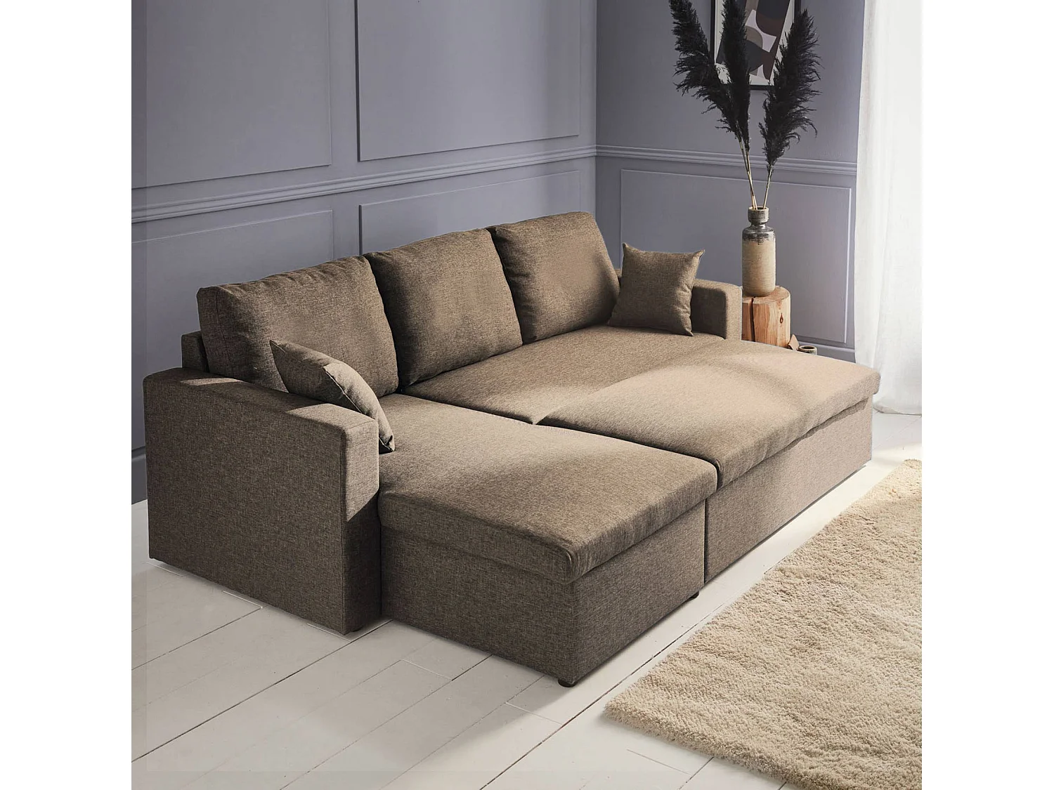 Canapé d'angle convertible en tissu marron - IDA - 3 places. fauteuil d'angle réversible coffre rangement lit modulable