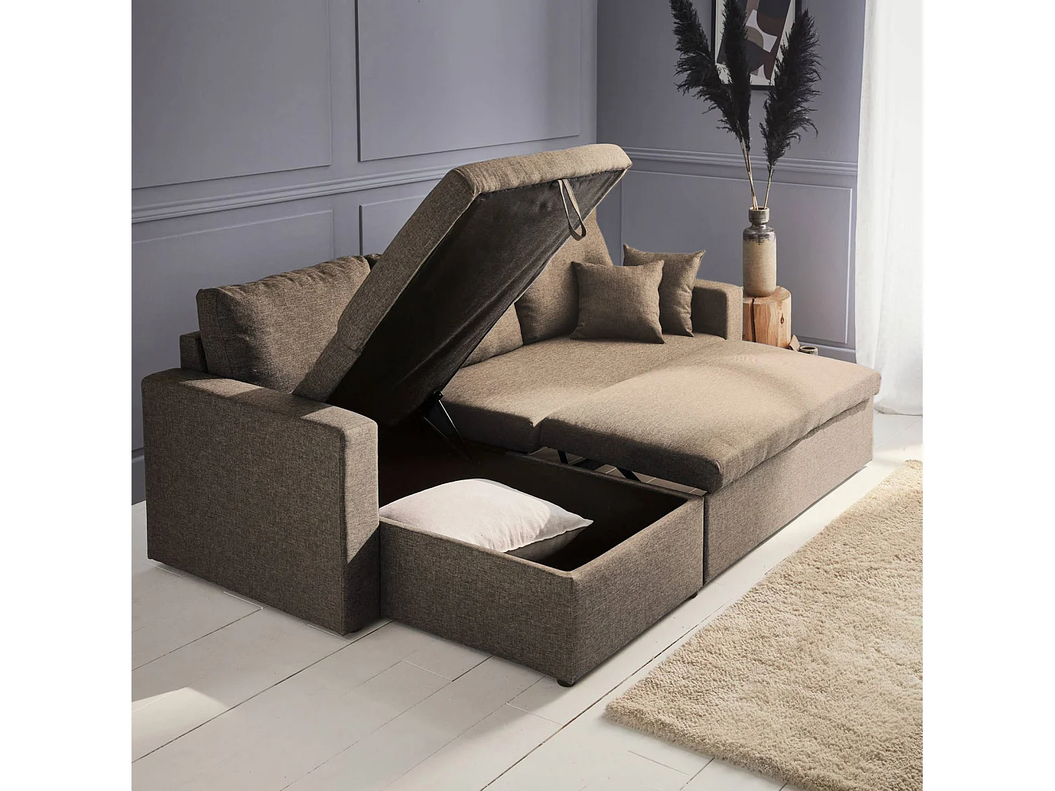 Canapé d'angle convertible en tissu marron - IDA - 3 places. fauteuil d'angle réversible coffre rangement lit modulable