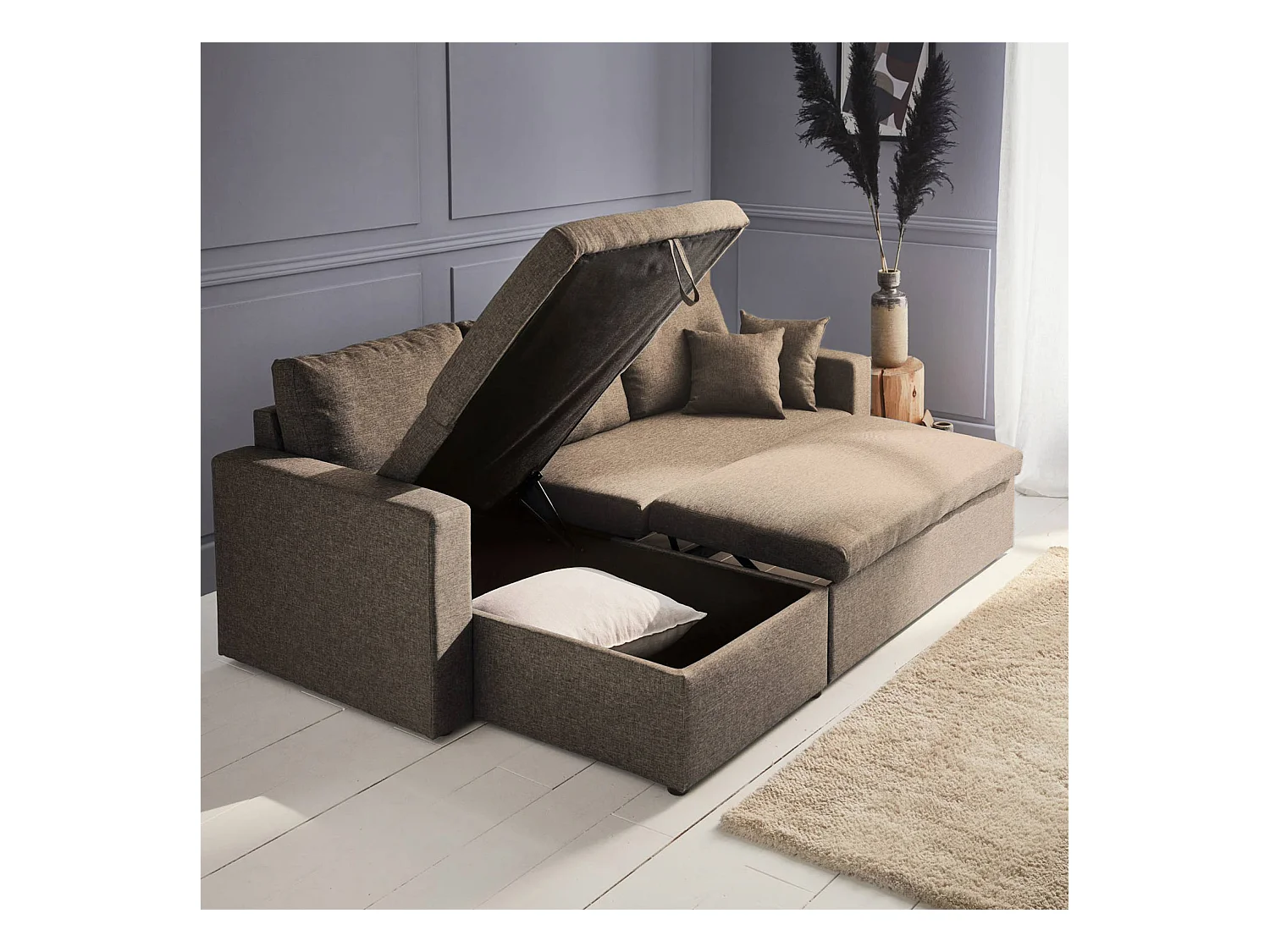 Sofá cama esquinero reversible de 3 plaza marrón