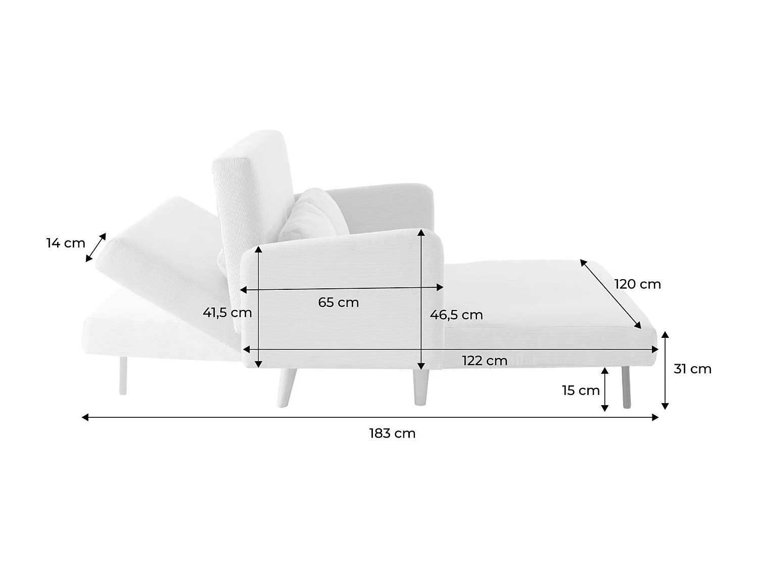 Sofá cama de pana de 2 plazas con patas de madera gris claro