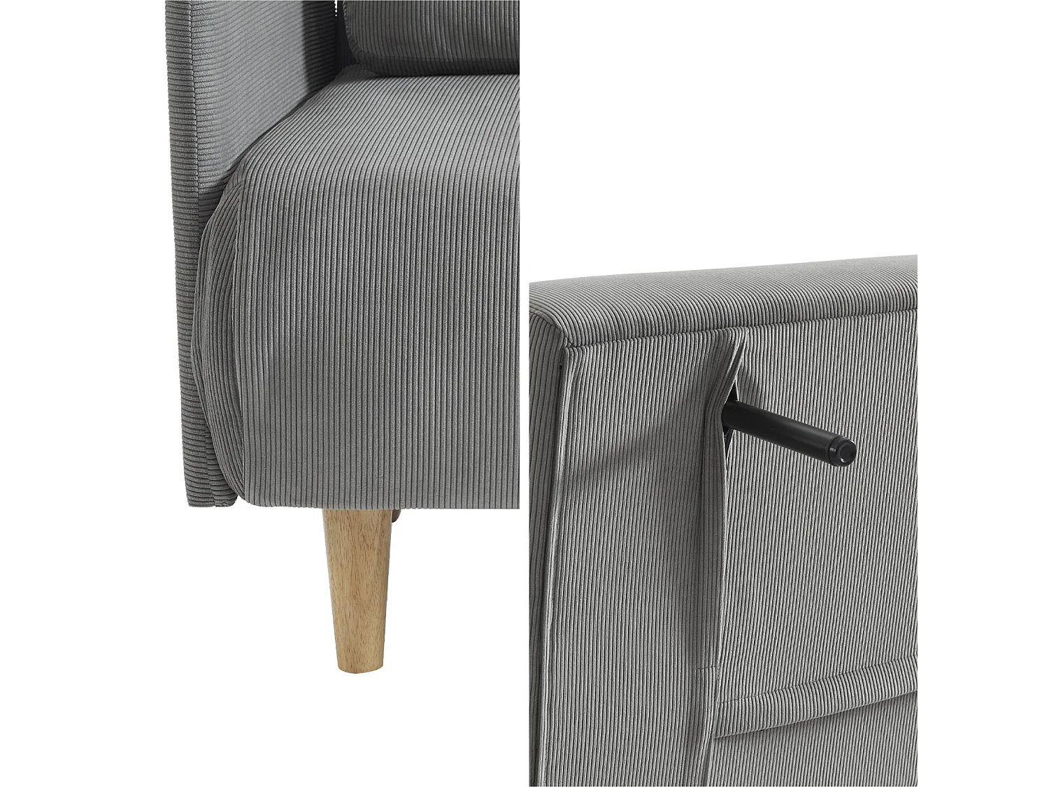 Sofá cama de pana de 2 plazas con patas de madera gris claro