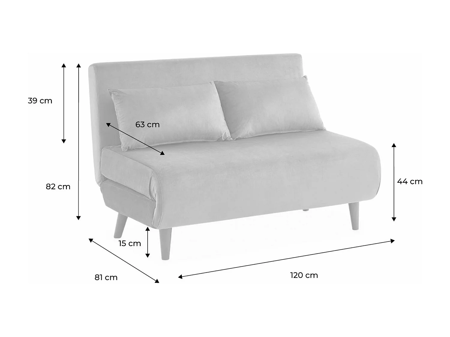 Sofá cama con patas de madera, 2 plazas gris oscuro