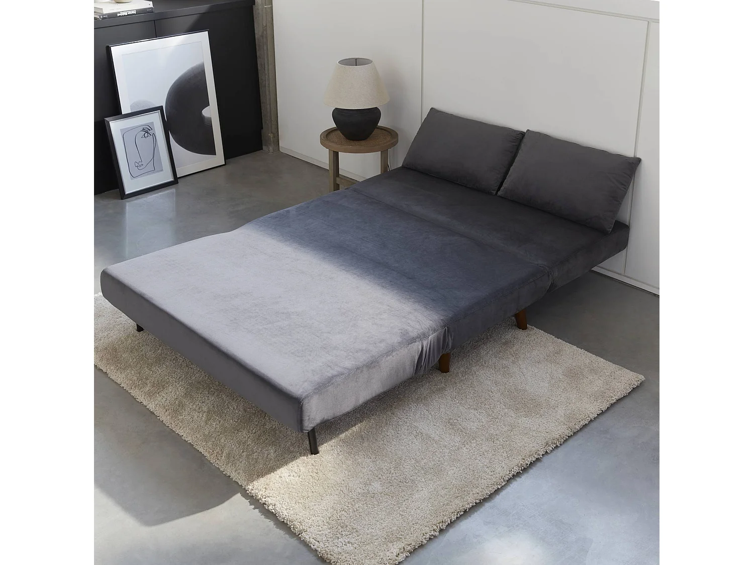 Sofá cama con patas de madera, 2 plazas gris oscuro