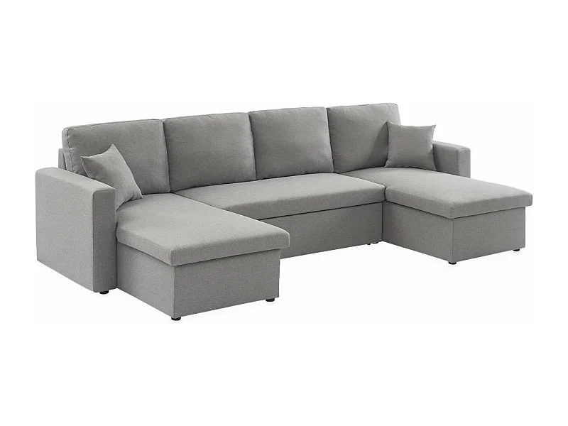 Canapé panoramique convertible en tissu gris clair. 4 places. coffre rangement. lit modulable