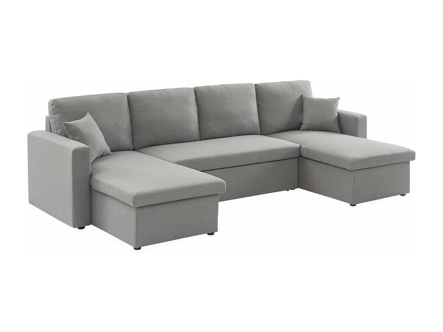 Canapé panoramique convertible en tissu gris clair. 4 places. coffre rangement. lit modulable