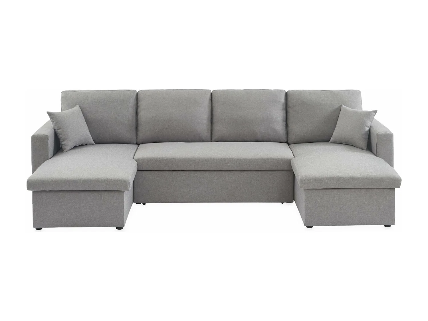 Canapé panoramique convertible en tissu gris clair. 4 places. coffre rangement. lit modulable