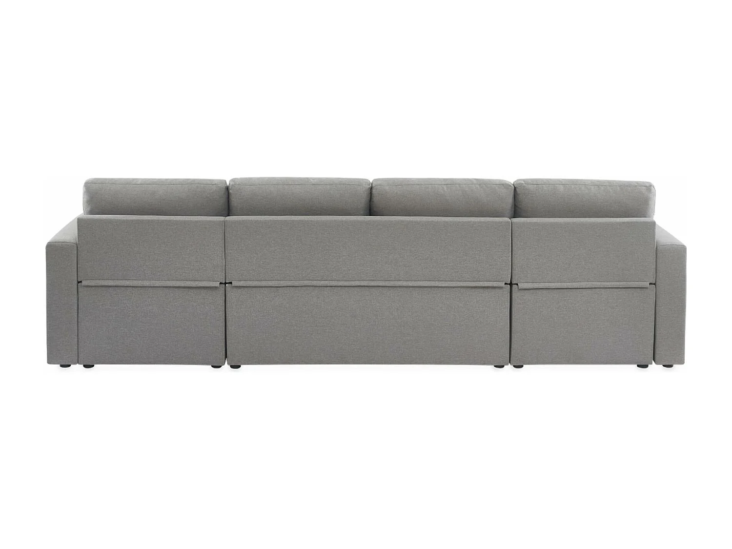 Canapé panoramique convertible en tissu gris clair. 4 places. coffre rangement. lit modulable