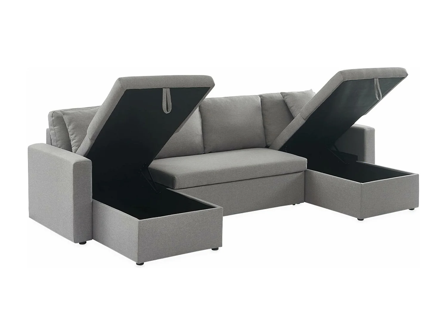 Canapé panoramique convertible en tissu gris clair. 4 places. coffre rangement. lit modulable