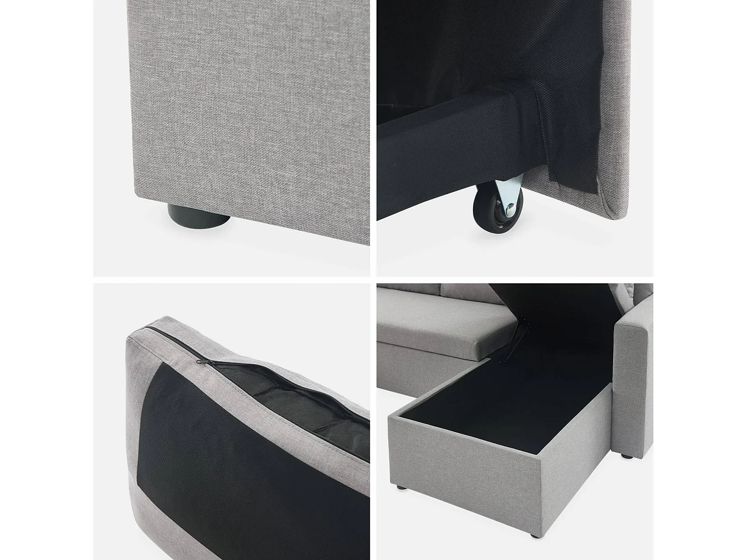 Sofá cama panorámico de 4 plazas en tela gris claro