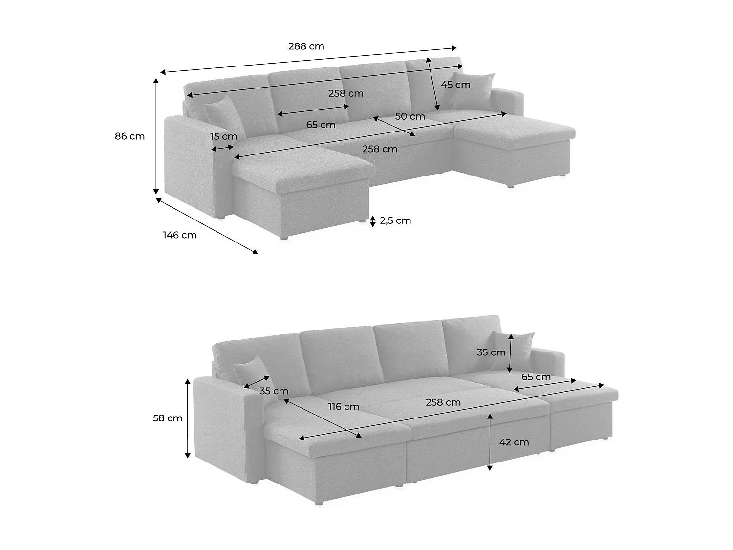 Divano letto panoramico in tessuto, 4 posti, grigio chiaro