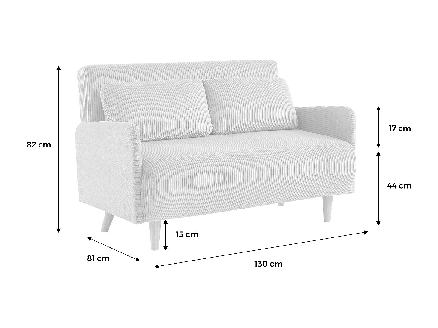 Divano letto a 2 posti in velluto a coste con gambe in legno, grigio