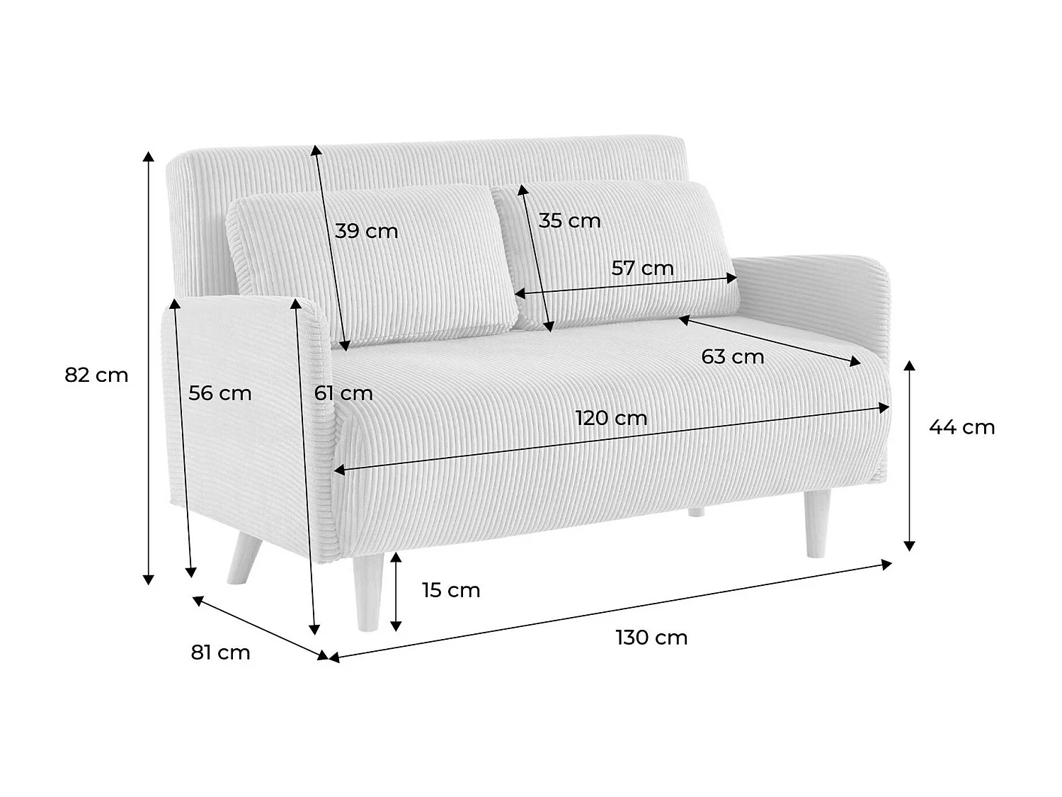 Canapé convertible en velours côtelé - Panam - 2 places scandinave. pieds bois. gris clair. banquette. dossier inclinable