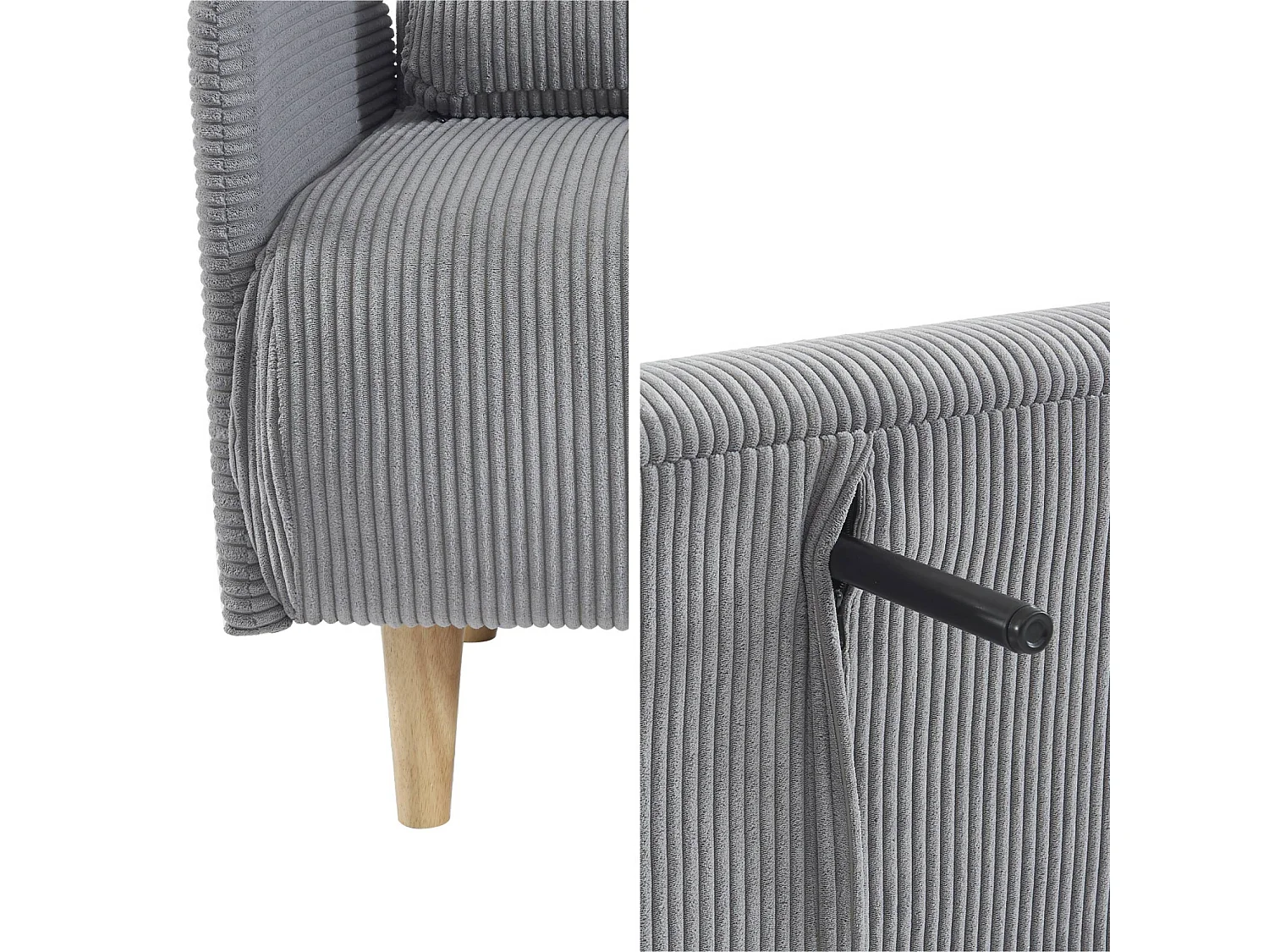 Canapé convertible en velours côtelé - Panam - 2 places scandinave. pieds bois. gris clair. banquette. dossier inclinable