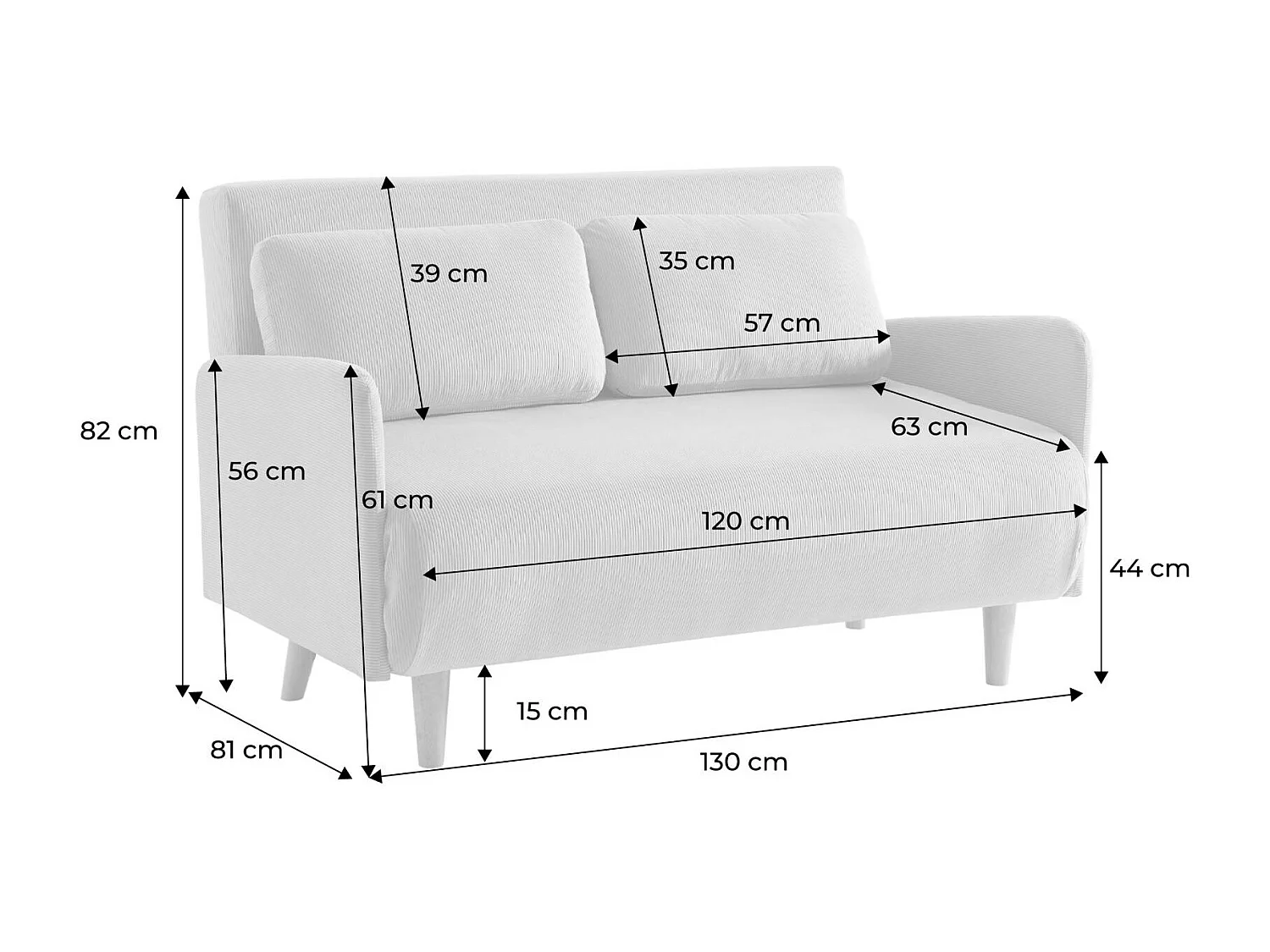 Canapé convertible 2 places scandinave velours côtelé gris foncé - Panam - pieds bois. banquette. dossier inclinable