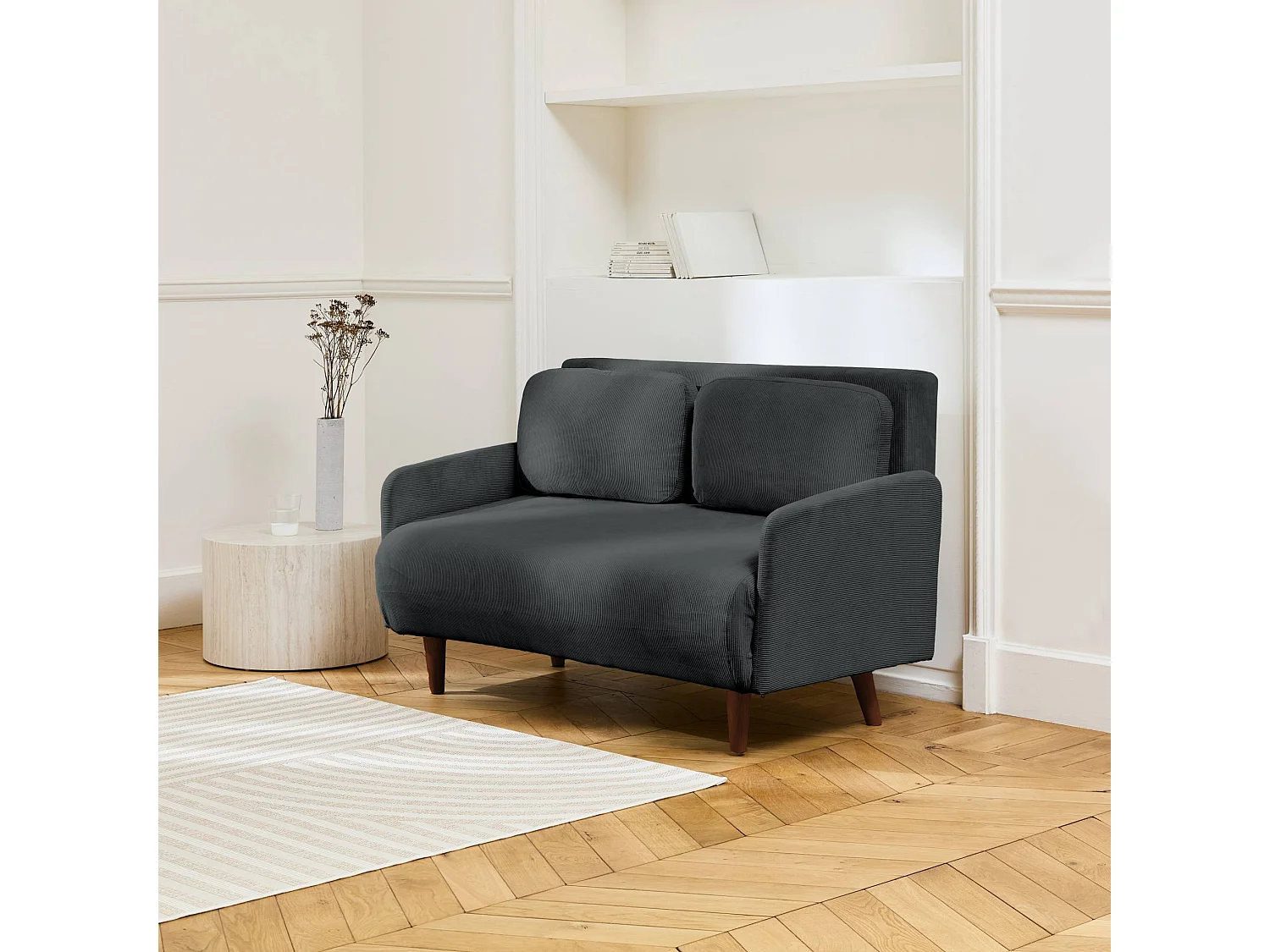 Canapé convertible 2 places scandinave velours côtelé gris foncé - Panam - pieds bois. banquette. dossier inclinable