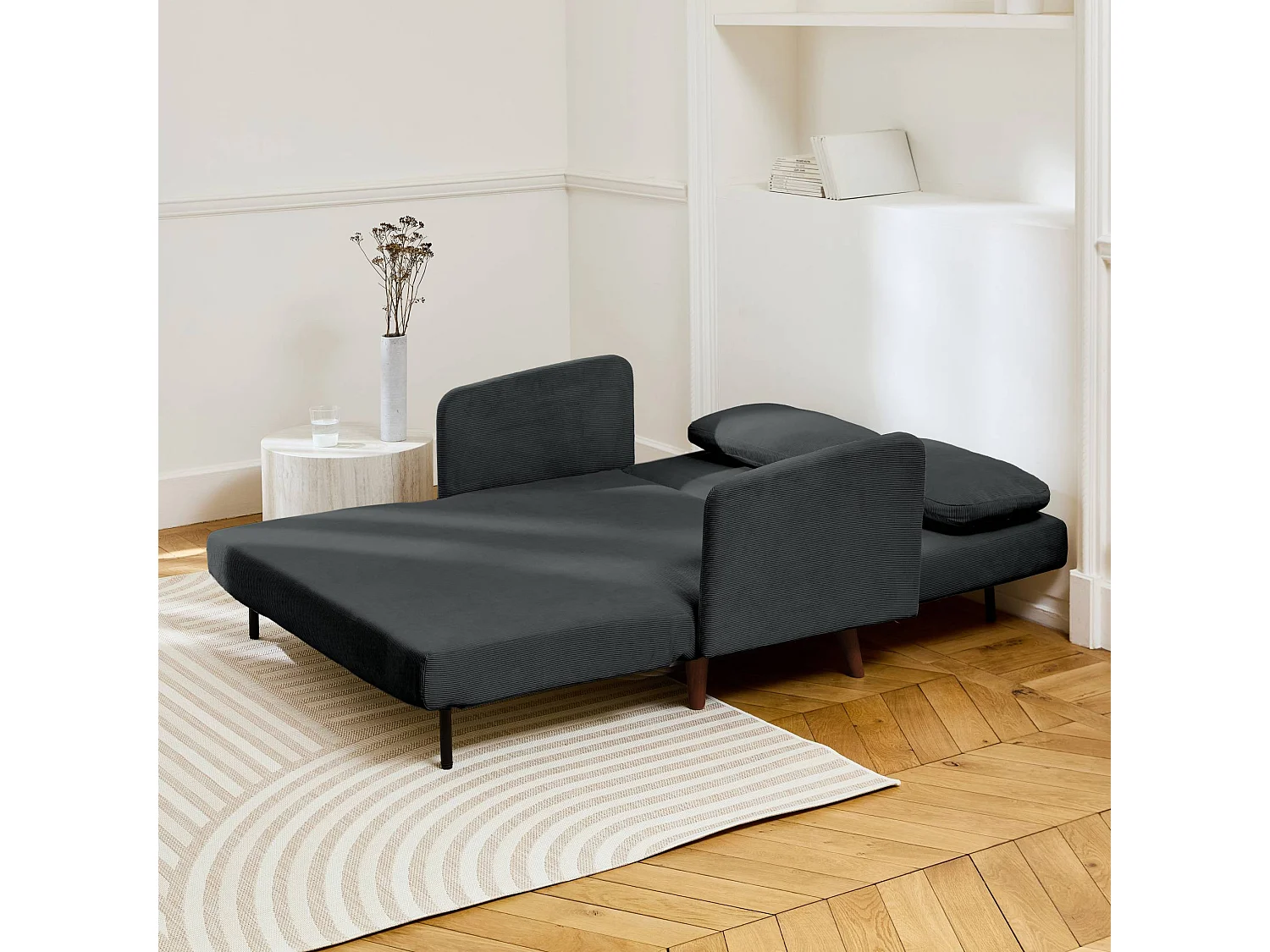 Divano letto in velluto a coste con gambe in legno, 2 posti, grigio