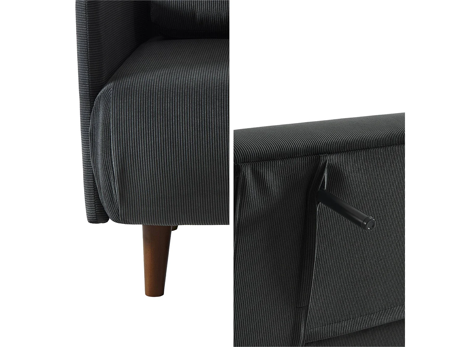Divano letto in velluto a coste con gambe in legno, 2 posti, grigio