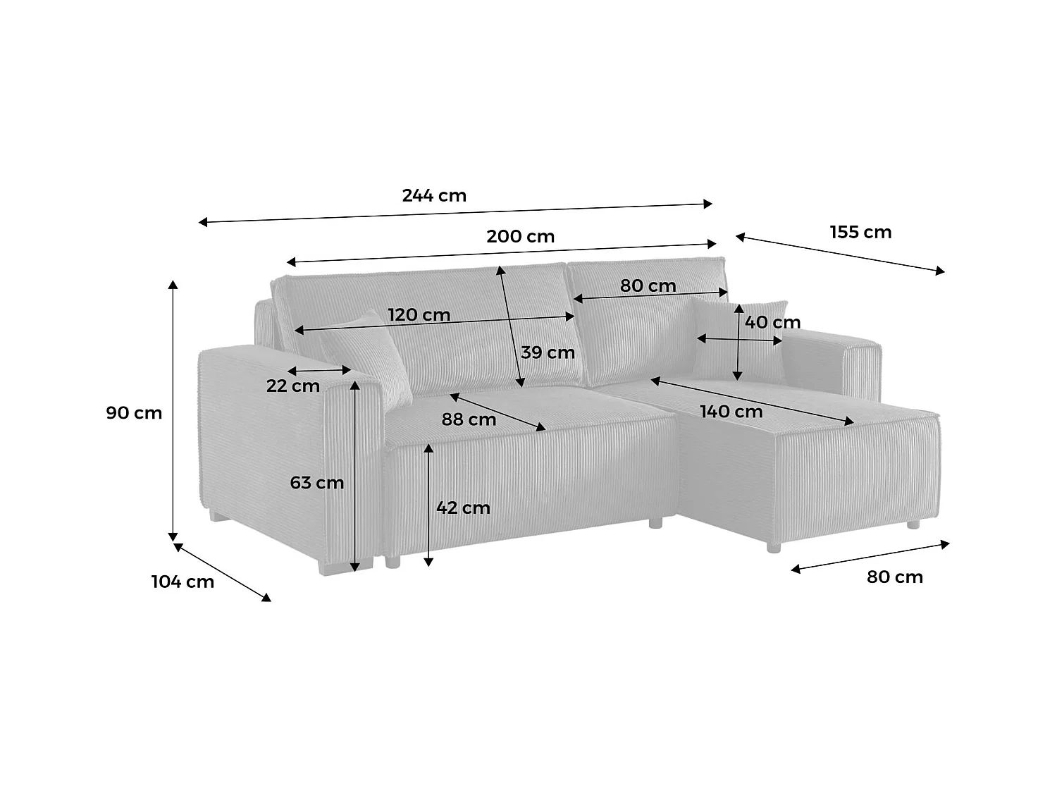 Divano letto angolare e reversibile a 3 posti  in velluto a coste