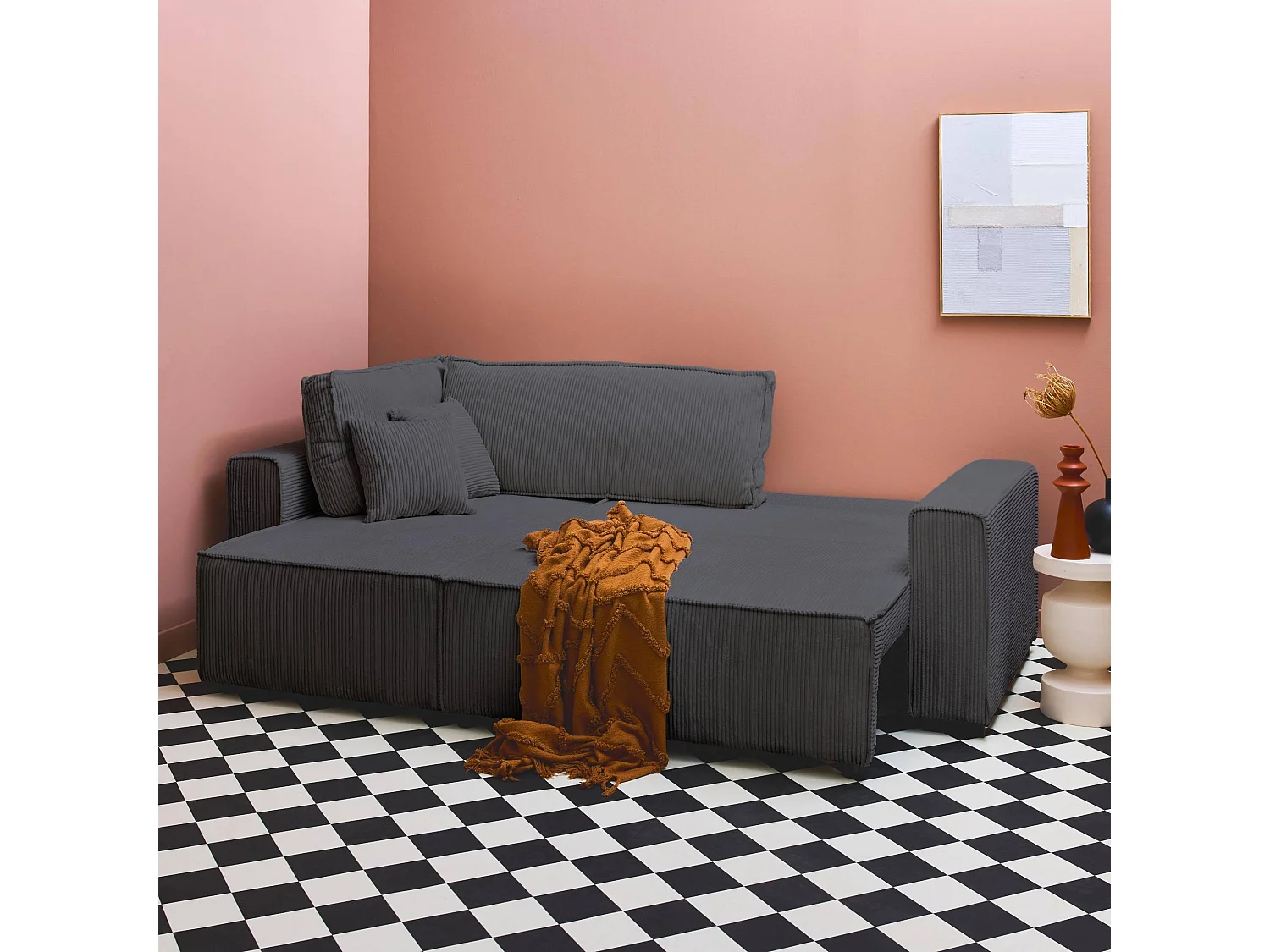 Sofá cama esquinero convertible de pana gruesa, 3 plazas gris oscuro