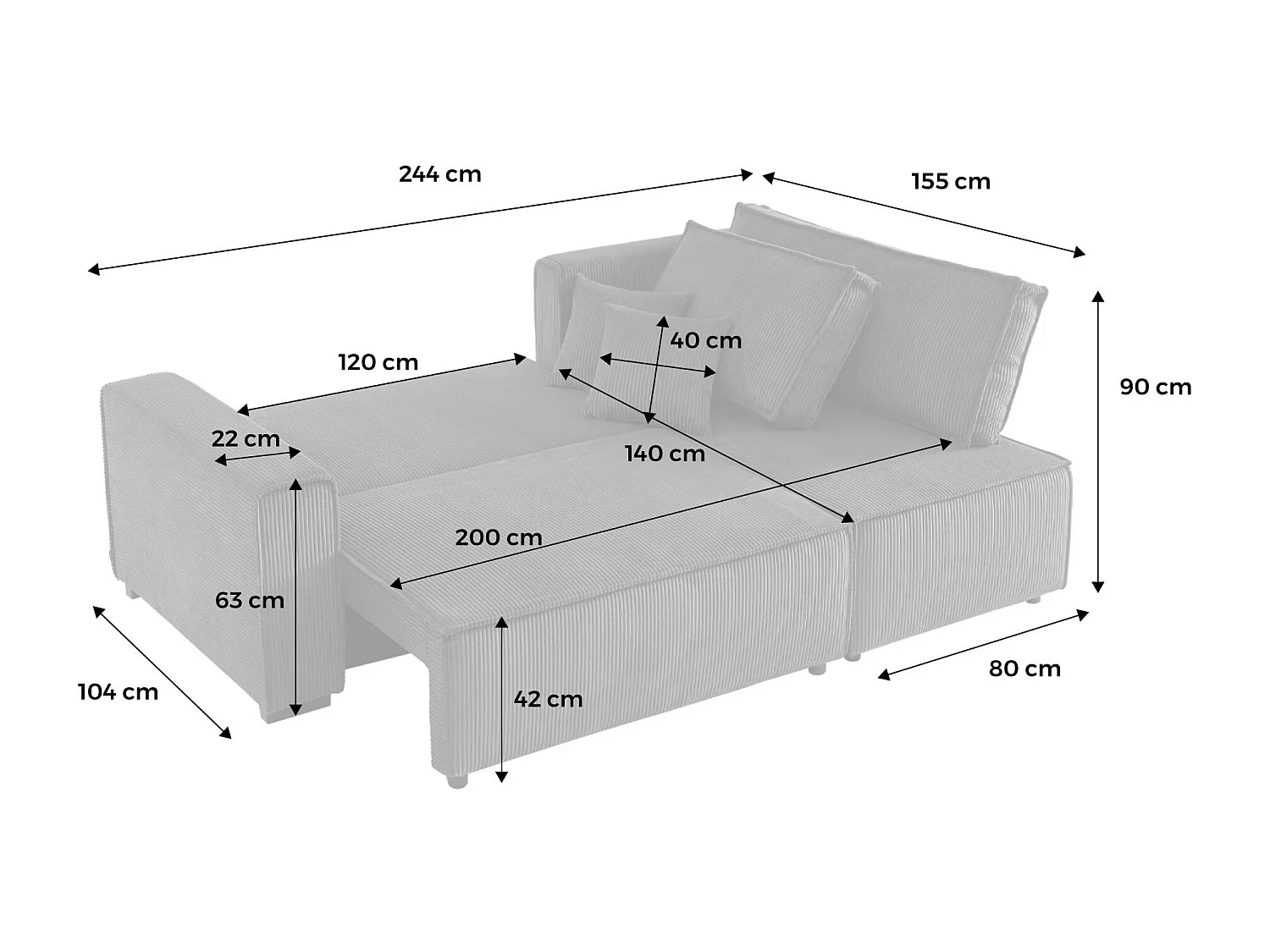Sofá cama esquinero convertible de pana gruesa, 3 plazas gris oscuro