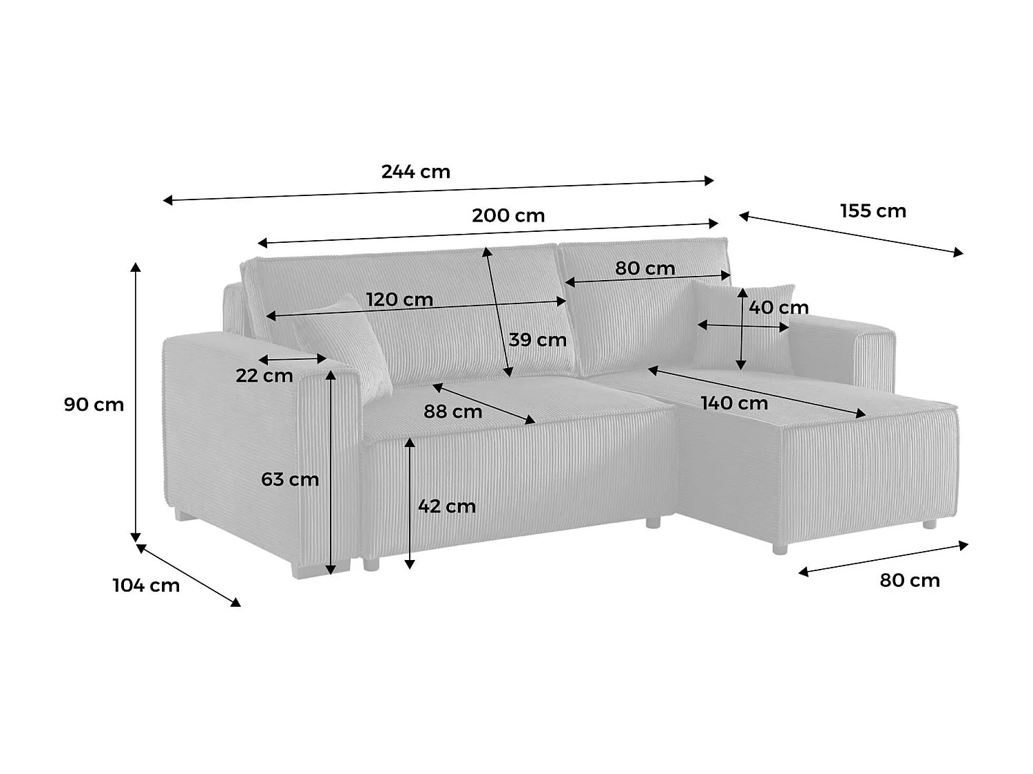 Sofá cama esquinero convertible de pana gruesa, 3 plazas gris oscuro