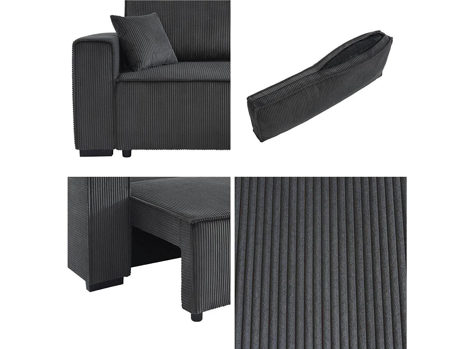Sofá cama esquinero convertible de pana gruesa, 3 plazas gris oscuro