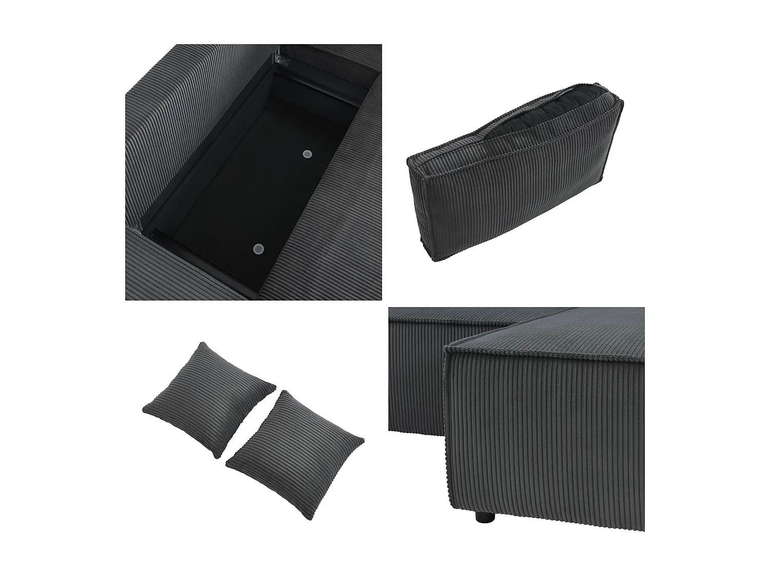 Sofá cama esquinero convertible de pana gruesa, 3 plazas gris oscuro