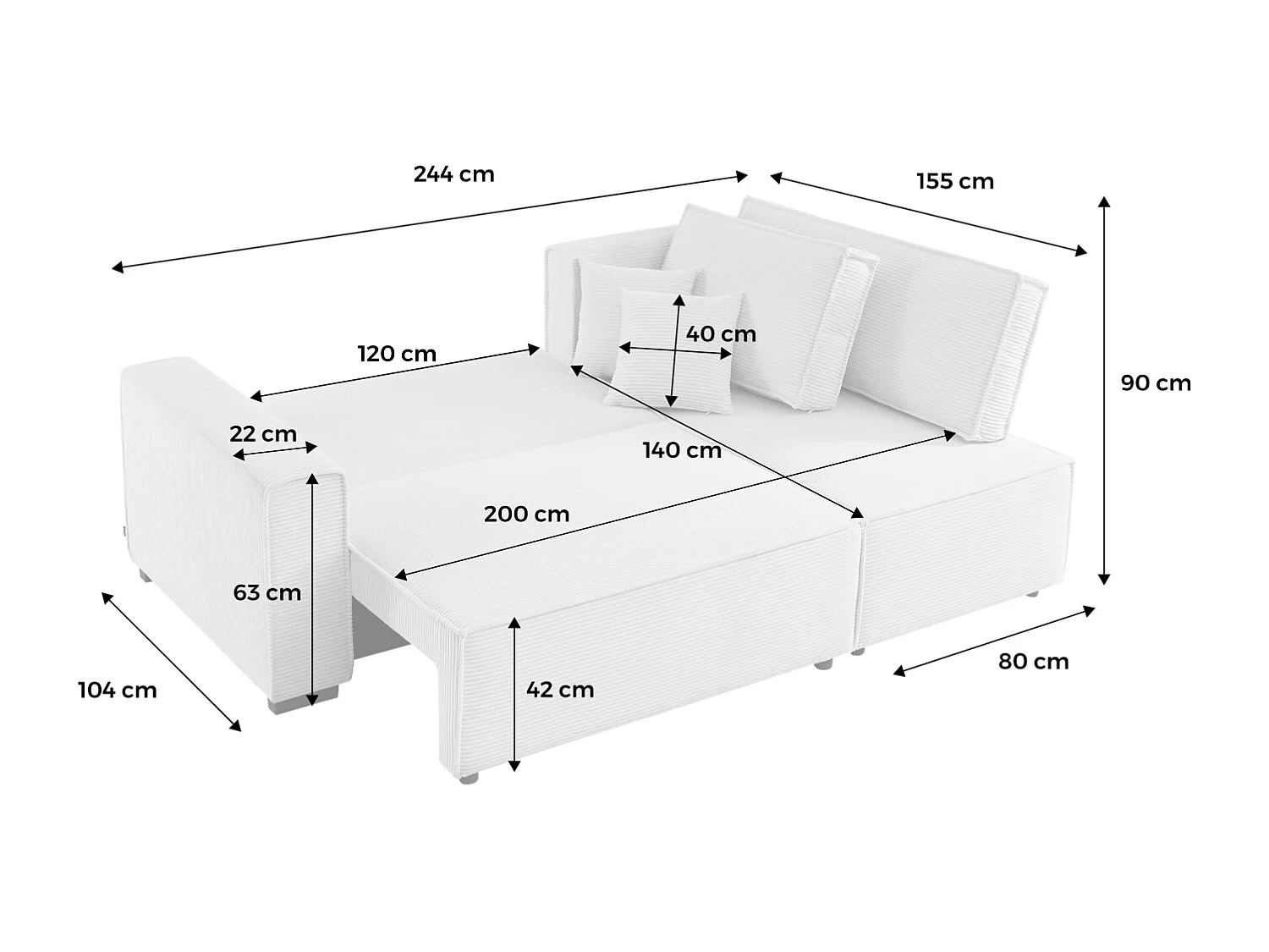 Sofá cama esquinero convertible de pana gruesa, 3 plazas gris oscuro