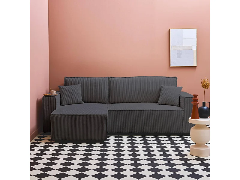 Sofá cama esquinero convertible de pana gruesa, 3 plazas gris oscuro