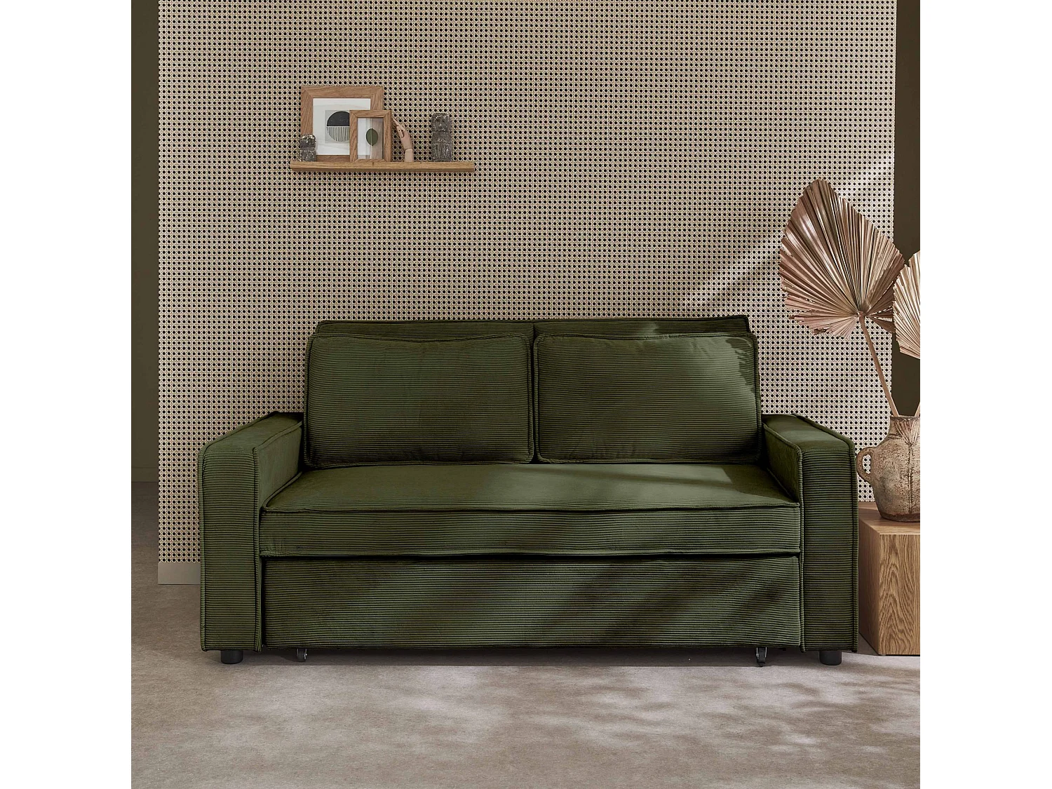 Divano letto a 3 posti in velluto a coste, kaki