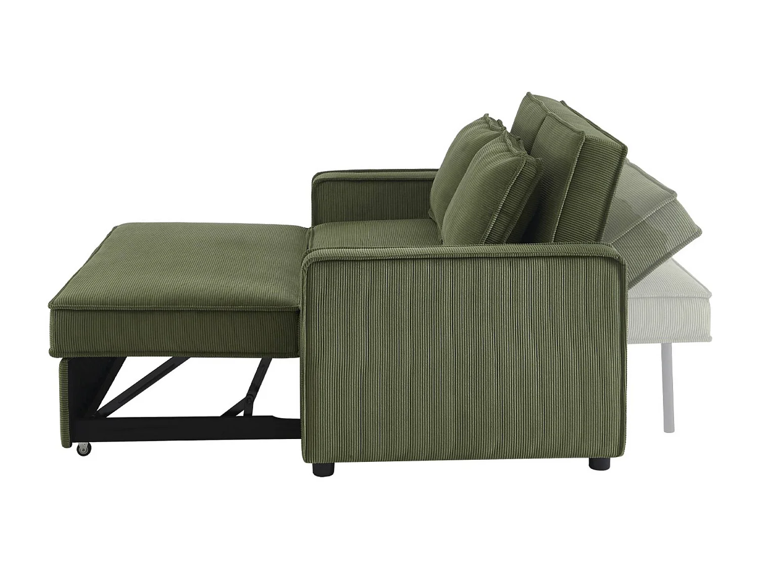 Canapé convertible 3 places kaki velours côtelé. banquette. lit