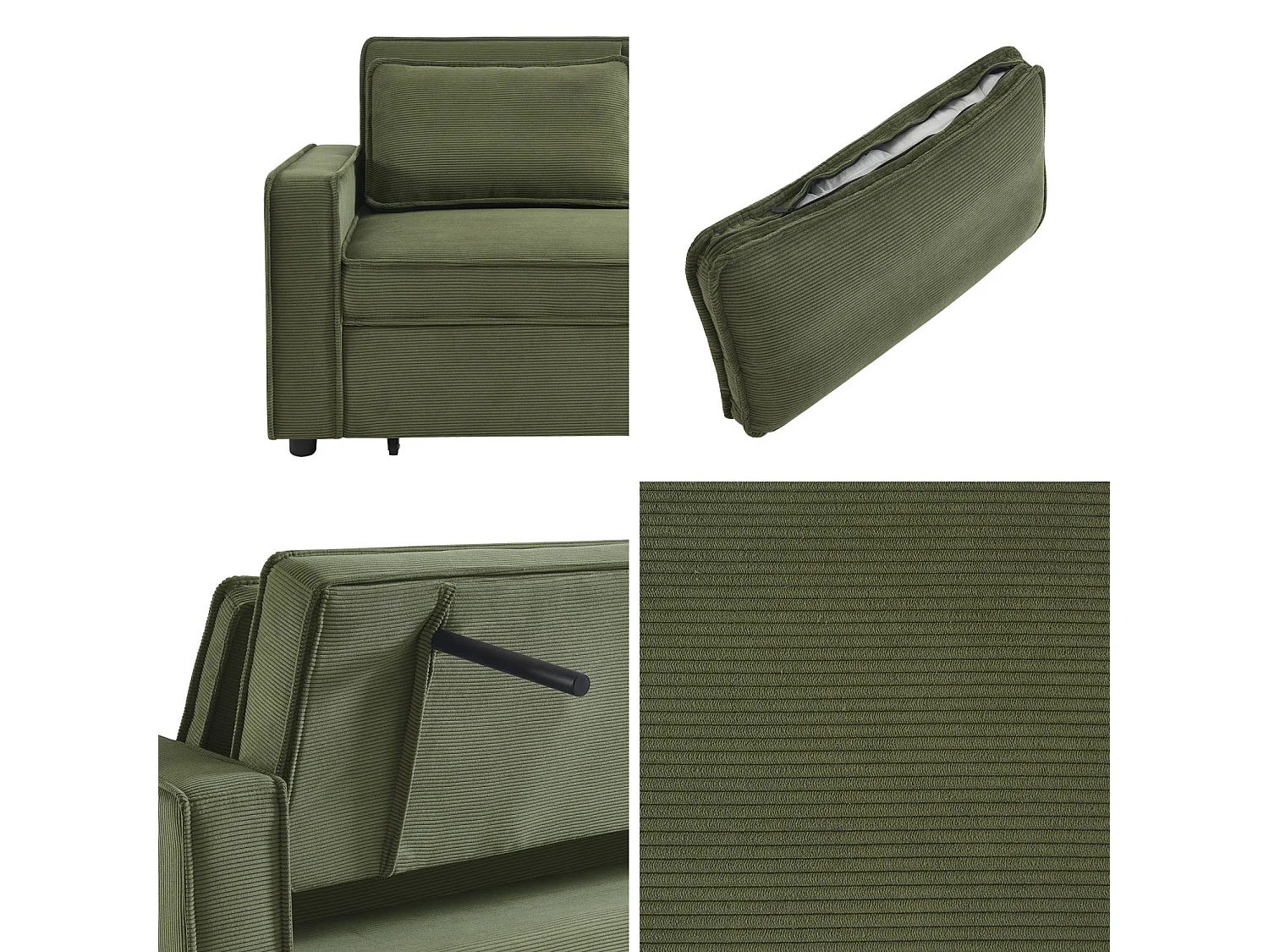 Canapé convertible 3 places kaki velours côtelé. banquette. lit