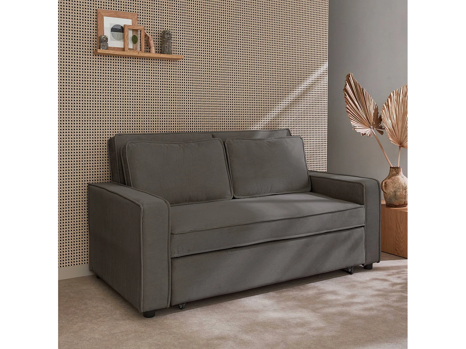 Divano letto a 3 posti in velluto a coste, grigio