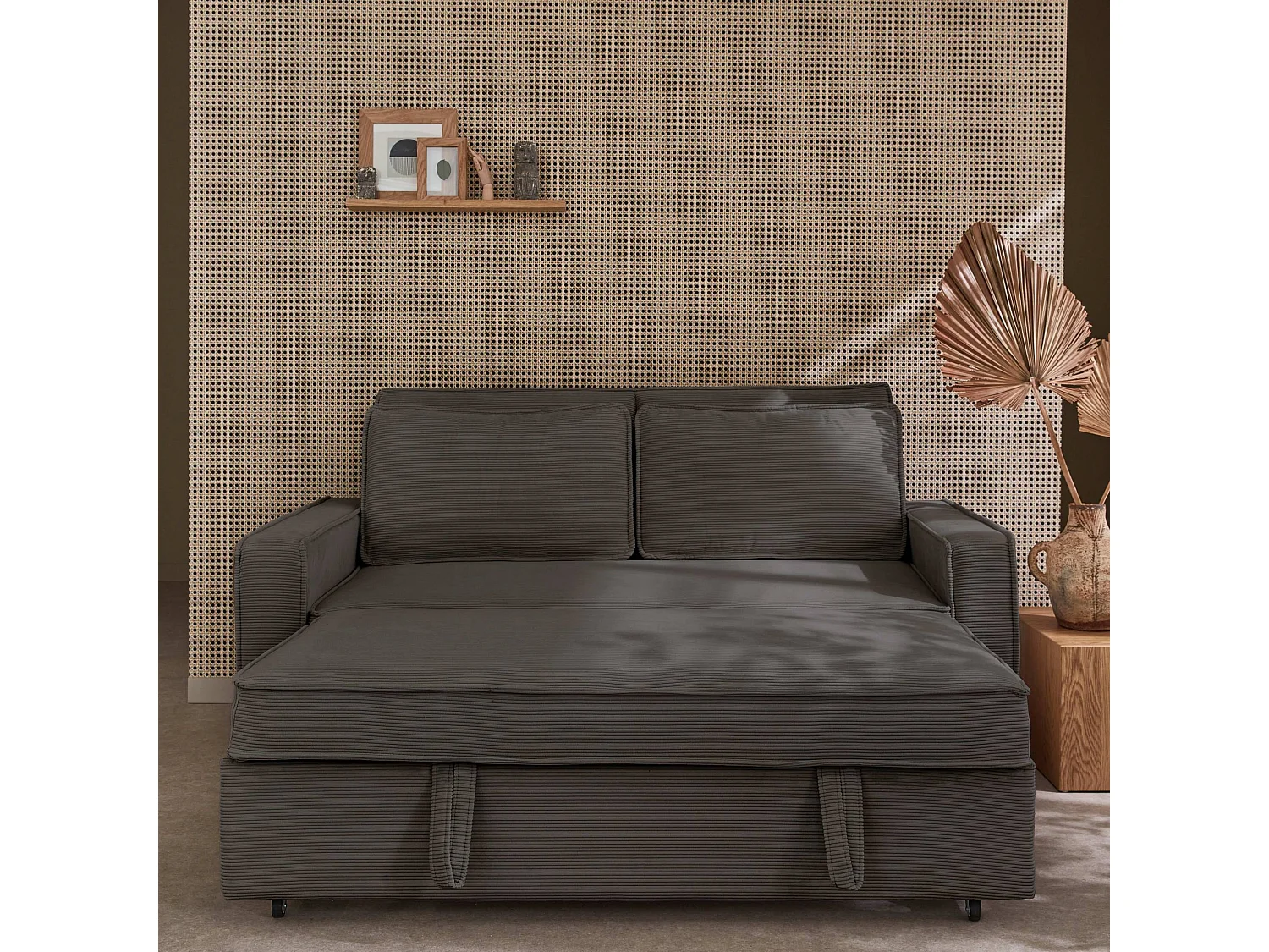 Divano letto a 3 posti in velluto a coste, grigio