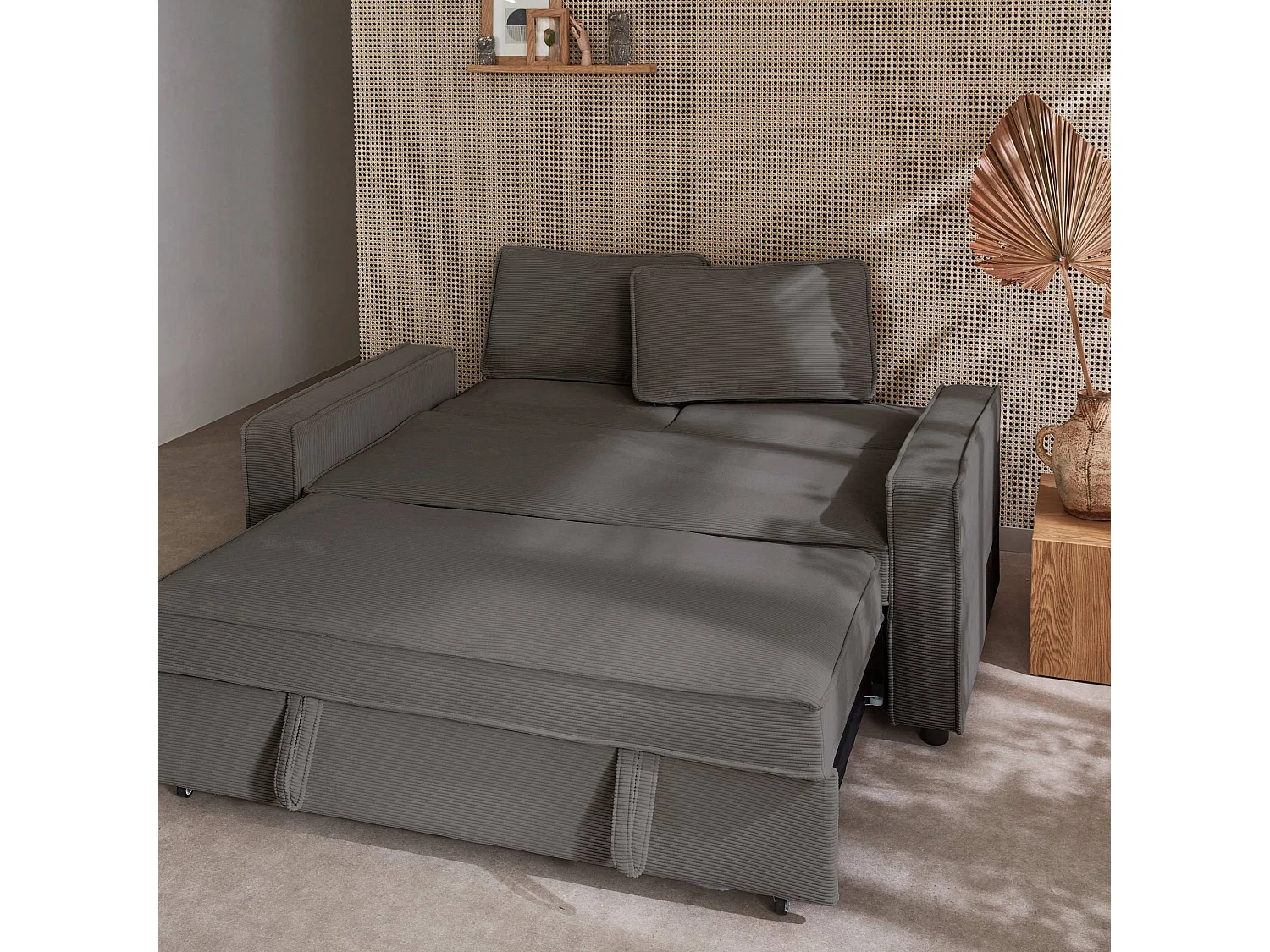 Divano letto a 3 posti in velluto a coste, grigio