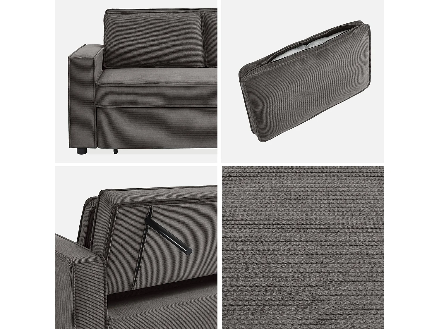 Divano letto a 3 posti in velluto a coste, grigio