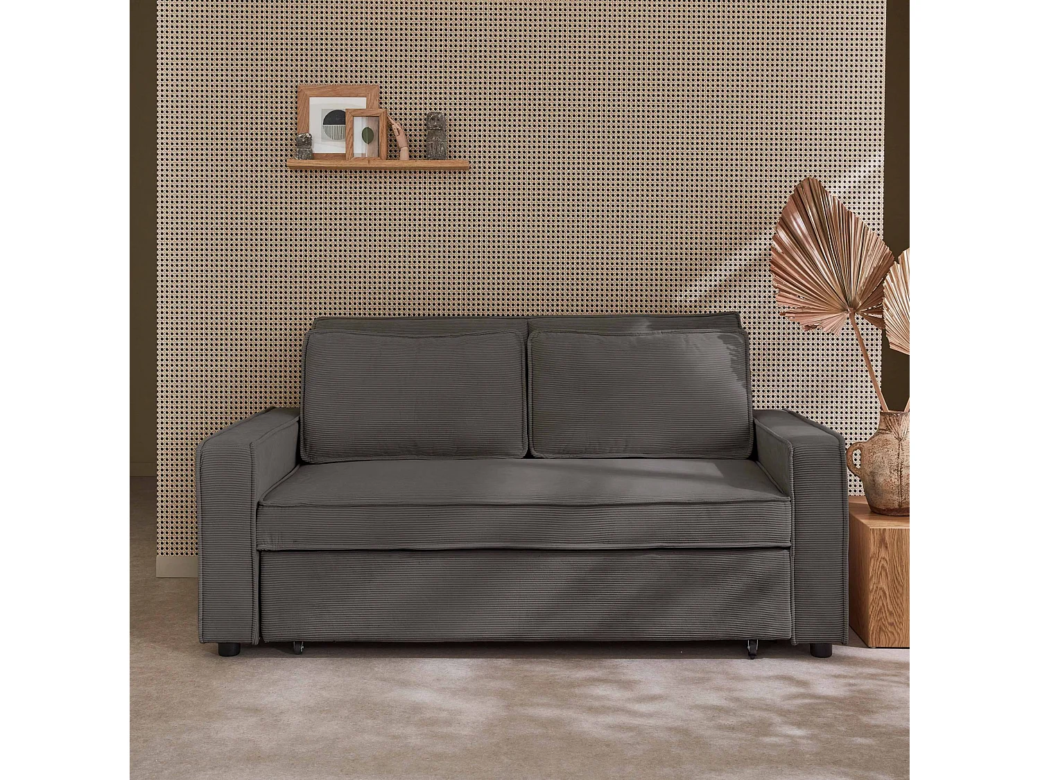 Canapé convertible 3 places gris velours côtelé. banquette. lit. canapé