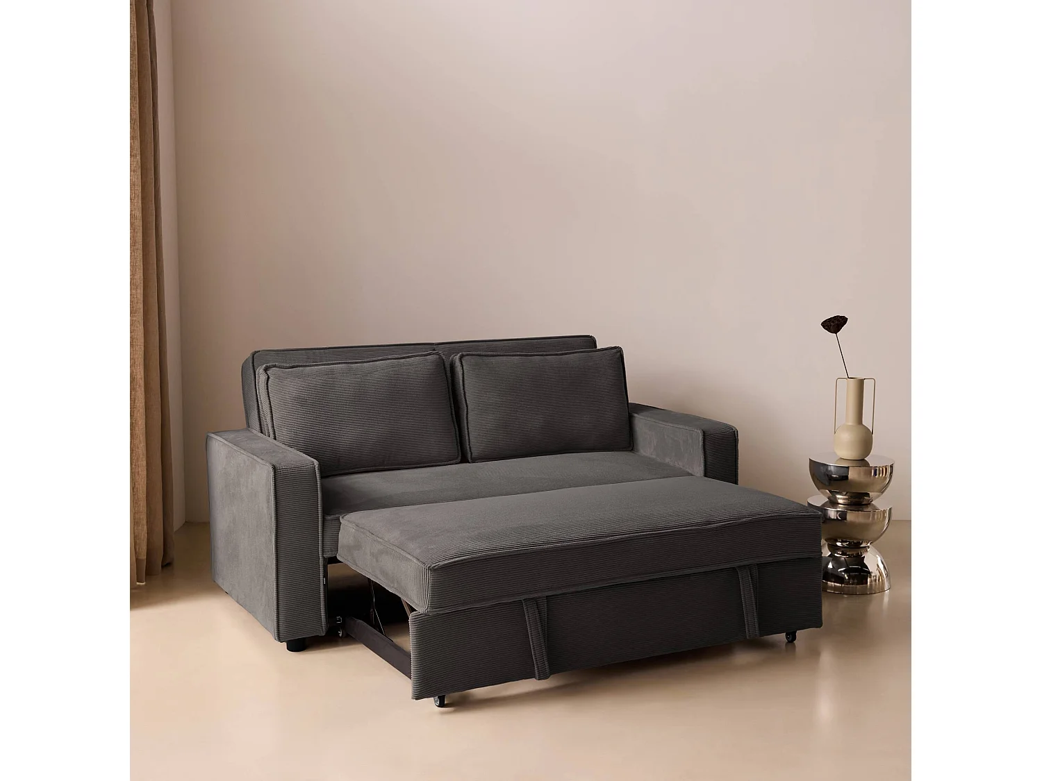 Sofá cama de pana, 2 plazas gris