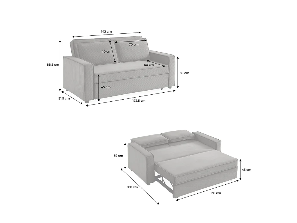 Sofá cama de pana, 2 plazas, Gris