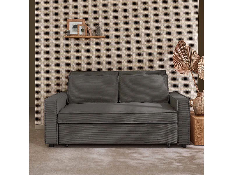 Canapé convertible 3 places gris velours côtelé. banquette. lit. canapé