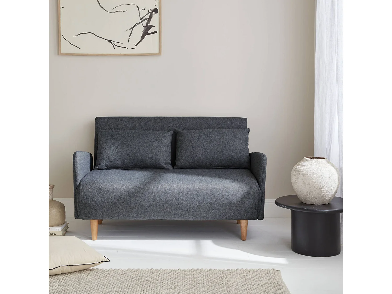 Sofá cama con patas de madera de 2 plazas gris oscuro
